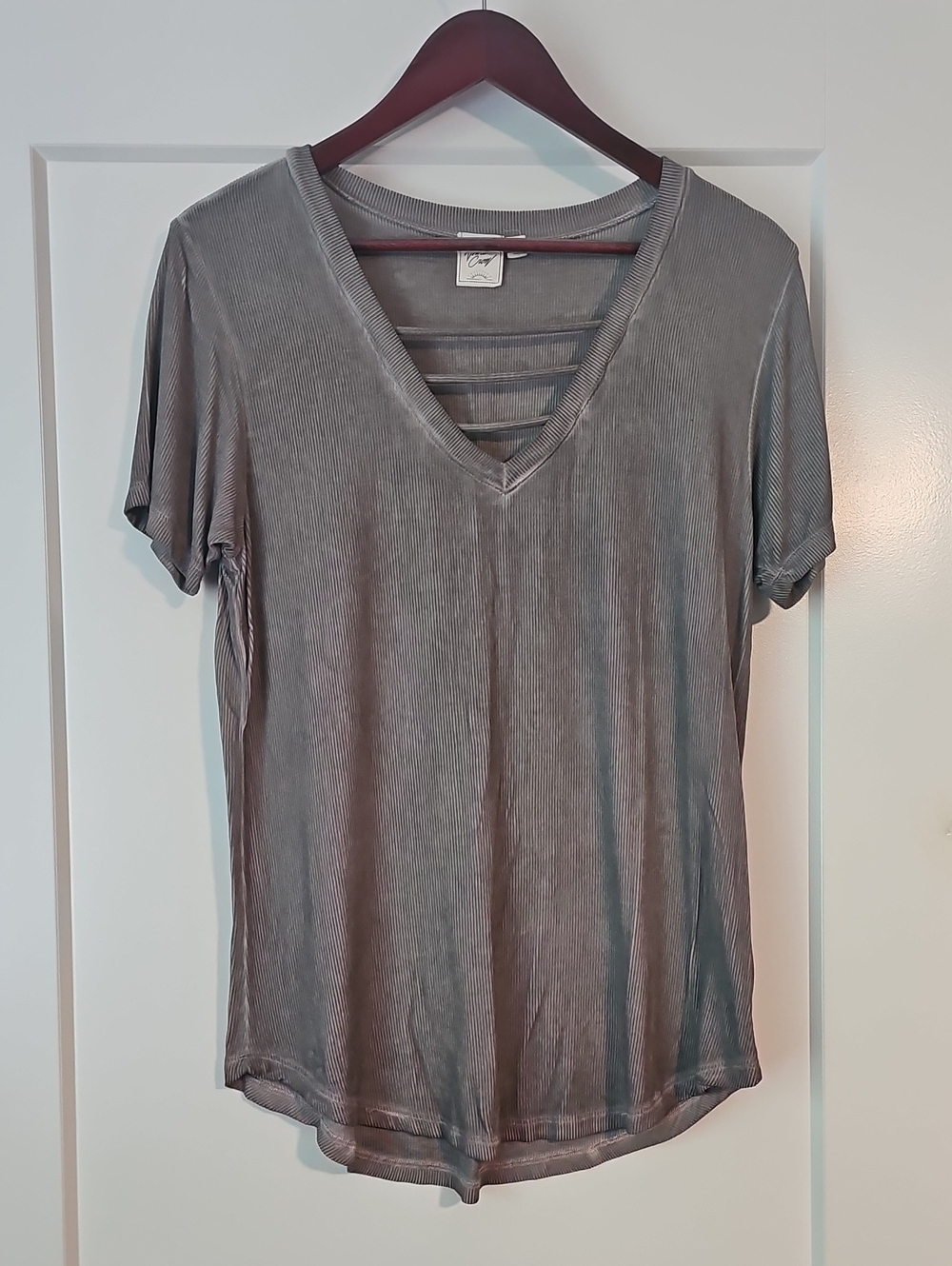 White Crow.  Charcoal Ribbed V-Neck Short Sleeve Tee